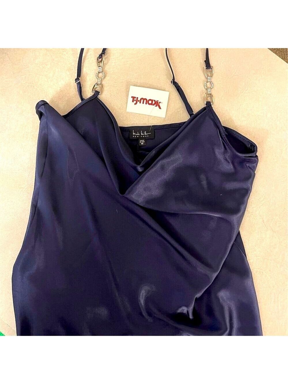 Nicole Miller Women's M Blue Satin Cowl Neck Camisole Blouse Sleeveless